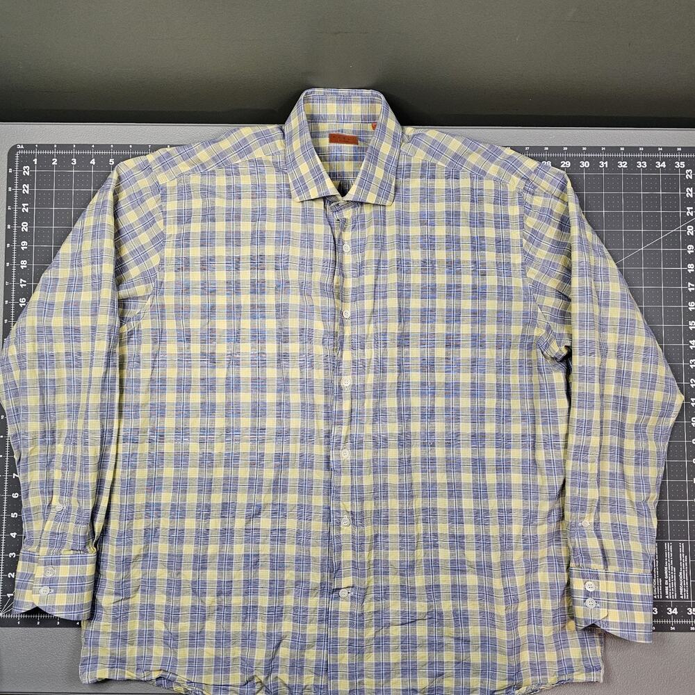 Bruli Shirt Mens XL Yellow Blue Plaid Woven Preppy Dress Cotton Linen Swiss Made